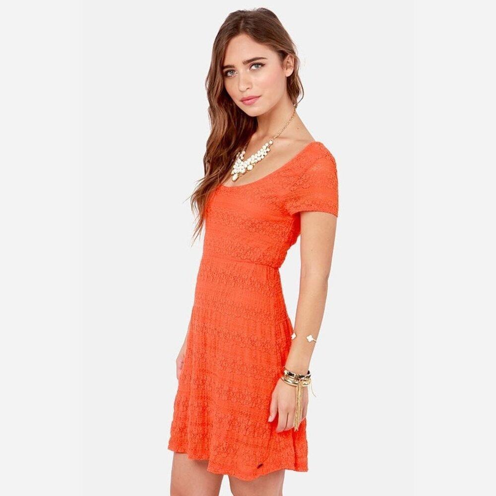 Volcom Orange Lace Knit short Sleeve Shift Mini Dress Womens S NWT